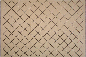 Flat Weave Kilim, Antique, Navaho, Vintage, Handmade, Modern Kilim Tan Black Hand-Woven Rectangle 100% Wool Area Rug 10 x 13